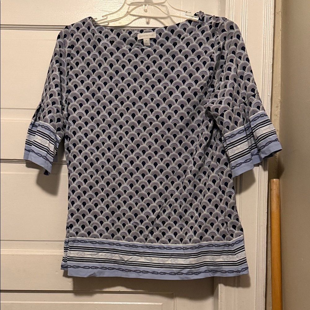 Charter Club Navy and White Patterned Blouse